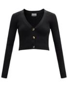 Ladies Rtw Ganni - Cropped V-neck Ribbed-knit Cardigan - Womens - Black