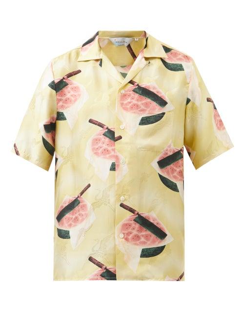 Nipoaloha - Watermelon-print Crane-jacquard Silk Shirt - Mens - Yellow Multi
