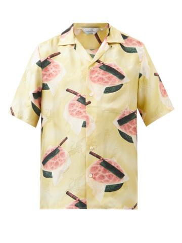 Nipoaloha - Watermelon-print Crane-jacquard Silk Shirt - Mens - Yellow Multi