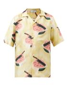 Nipoaloha - Watermelon-print Crane-jacquard Silk Shirt - Mens - Yellow Multi