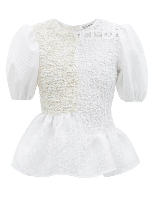 Matchesfashion.com Cecilie Bahnsen - Colene Smocked-panel Puff-sleeve Peplum Top - Womens - Ivory