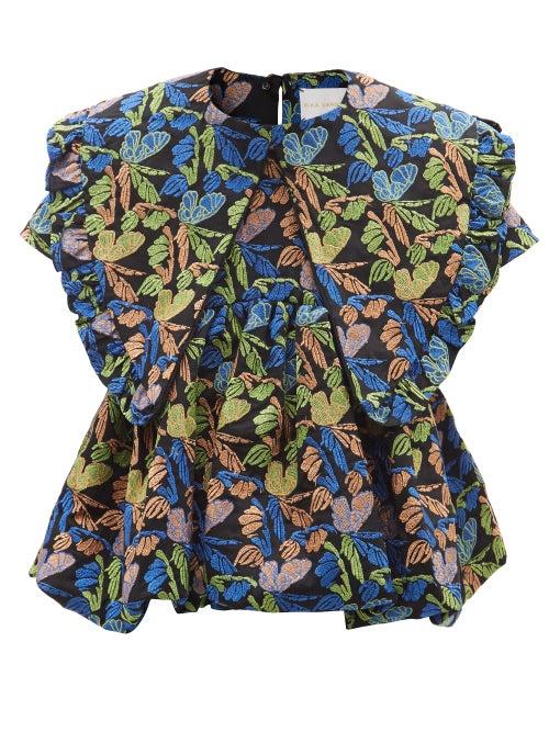 Kika Vargas - Laura Floral-embroidered Cotton-blend Blouse - Womens - Blue Multi