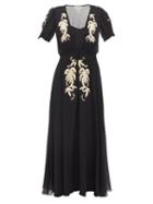 Saloni - Lea Embroidered Appliqu Silk-crepe Dress - Womens - Black Multi