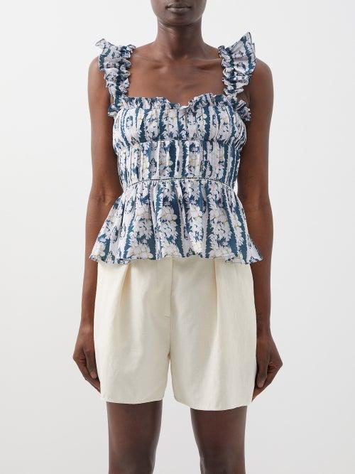 Lug Von Siga - Helena Floral Linen-blend Voile Top - Womens - Blue Print