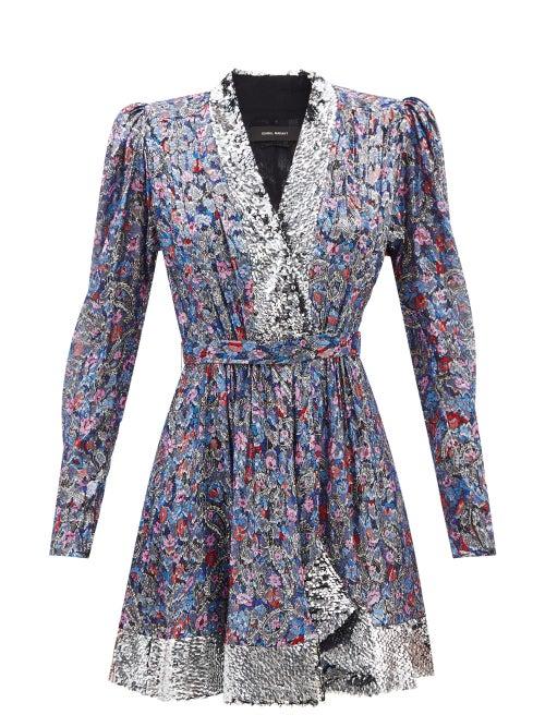 Isabel Marant - Merenea Sequinned Floral Silk-fil Coup Mini Dress - Womens - Blue Multi