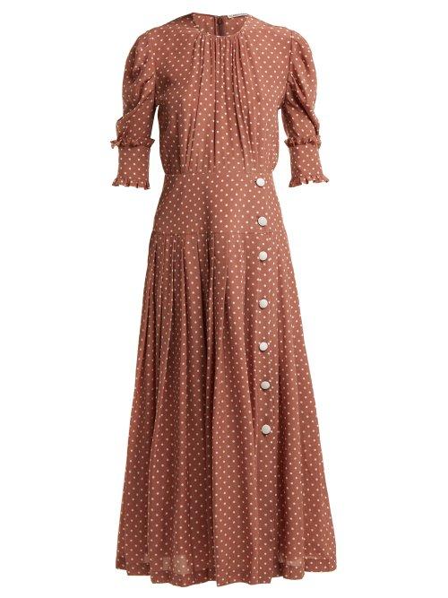 Matchesfashion.com Alessandra Rich - Polka Dot Print Pleated Silk Dress - Womens - Brown White