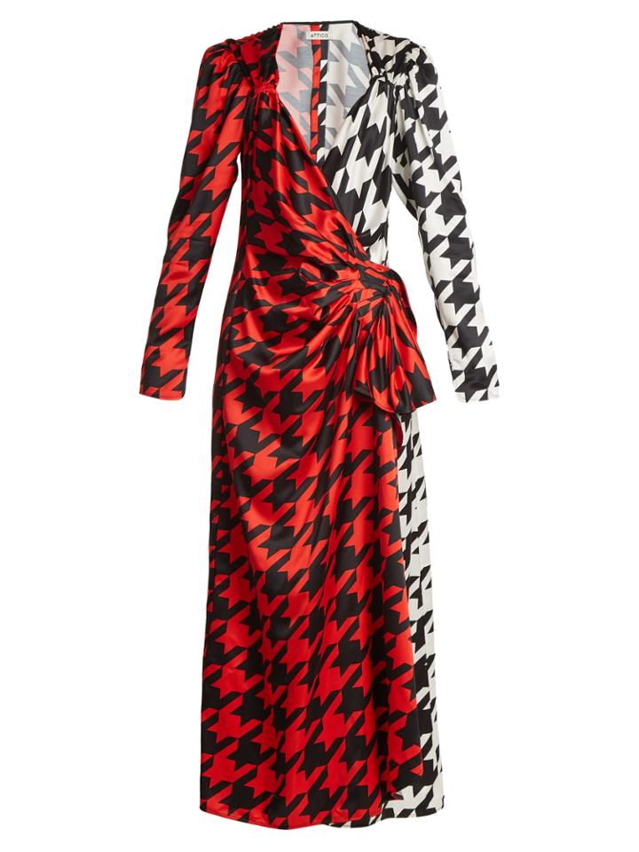 Attico Pat Hound's-tooth Checked Satin Wrap Dress