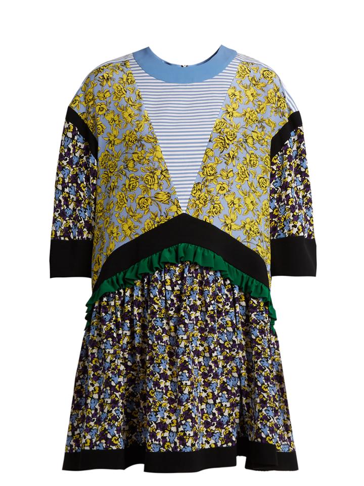 Msgm Floral-print Contrast-panel Silk Dress