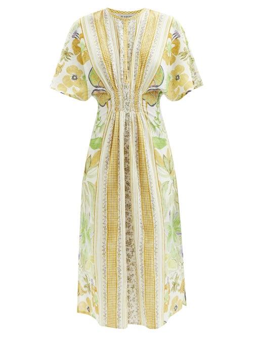 D'ascoli - Salome Floral-print Checked Cotton-khadi Dress - Womens - Yellow Multi