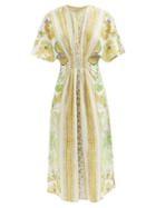 D'ascoli - Salome Floral-print Checked Cotton-khadi Dress - Womens - Yellow Multi