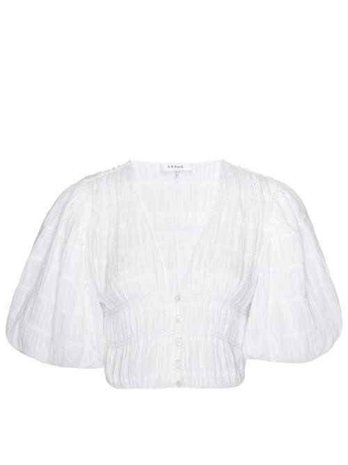 Matchesfashion.com Frame - Julianne Puff-sleeve Ruched Crepe Cropped Top - Womens - White