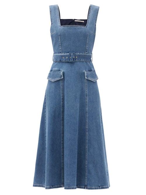 Matchesfashion.com Emilia Wickstead - Petra Square-neck Belted Denim Dress - Womens - Denim