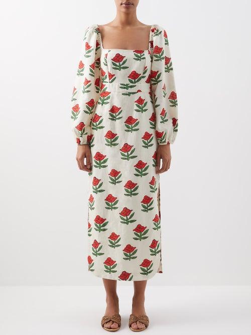 Rhode - Lottie Begonia-print Linen-blend Voile Dress - Womens - Red Print
