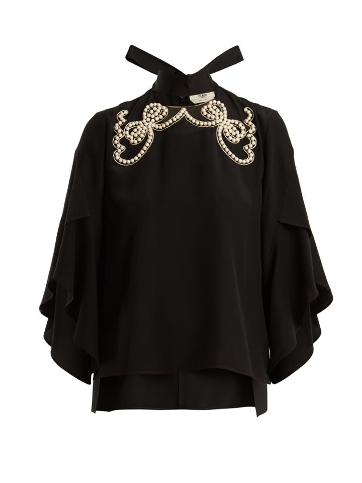 Fendi Faux-pearl Embellished Tie-neck Blouse