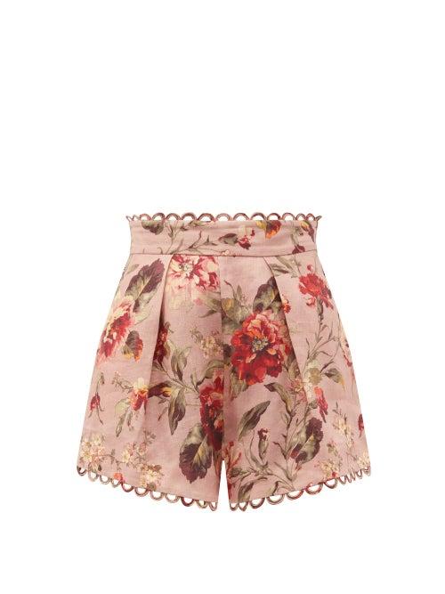 Matchesfashion.com Zimmermann - Cassia Scalloped Floral-print Canvas Shorts - Womens - Pink Print