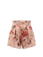 Matchesfashion.com Zimmermann - Cassia Scalloped Floral-print Canvas Shorts - Womens - Pink Print