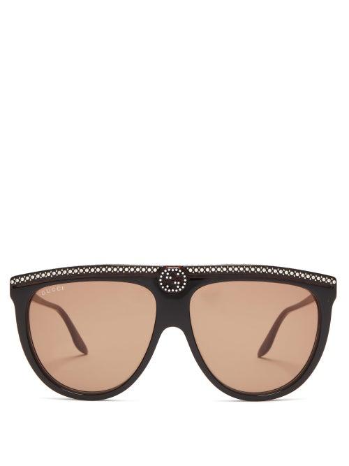 Matchesfashion.com Gucci - Crystal-stud Flat-top Acetate Sunglasses - Womens - Black Brown