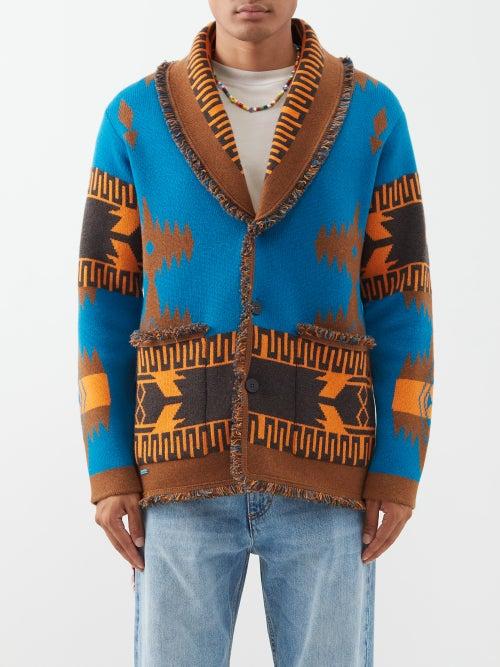 Alanui - Frayed-trim Abstract-jacquard Cashmere Cardigan - Mens - Blue