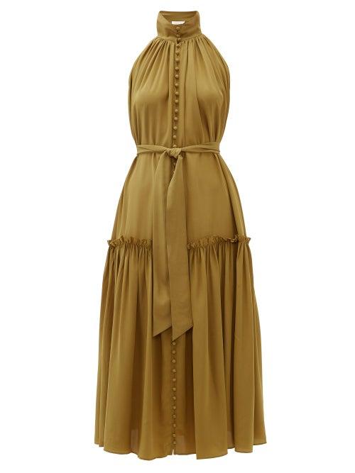 Matchesfashion.com Zimmermann - Super Eight High-neck Buttoned Silk-crepe Dress - Womens - Khaki