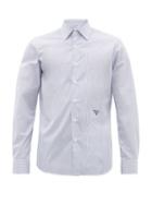 Matchesfashion.com Prada - Logo Embroidered Striped Cotton Shirt - Mens - Navy