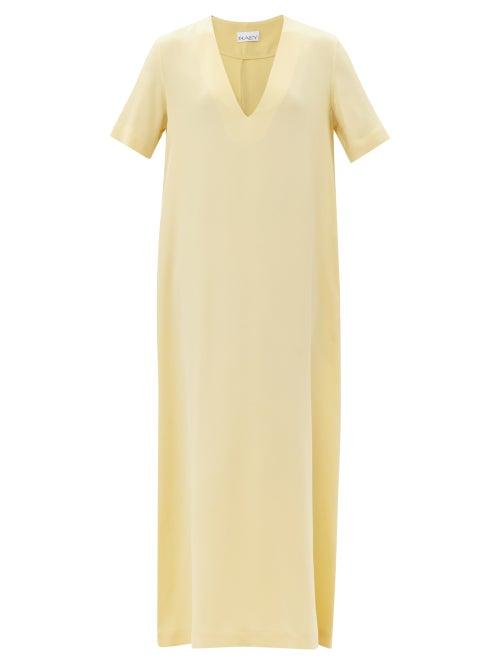 Raey - Low V-neck Silk T-shirt Maxi Dress - Womens - Light Yellow