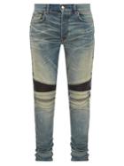 Matchesfashion.com Amiri - Mx2 Leather Panel Distressed Skinny Jeans - Mens - Indigo