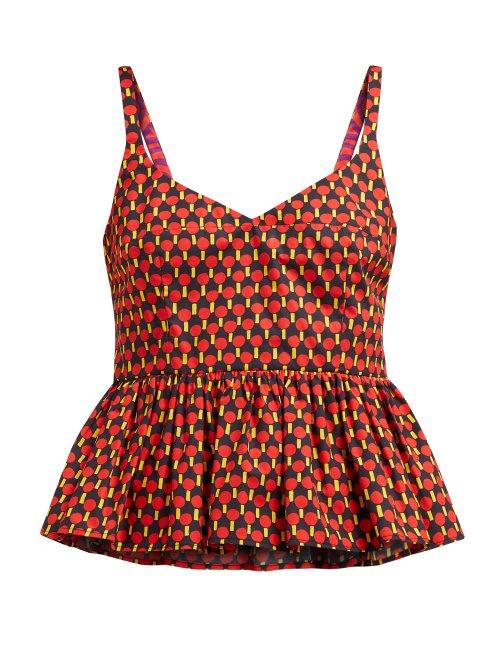 Matchesfashion.com La Doublej - Geometric Print Peplum Cotton Top - Womens - Red Print