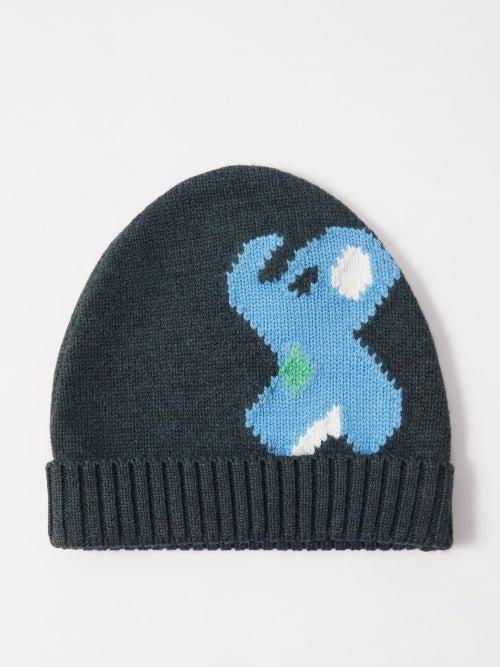 Jw Anderson - Elephant-intarsia Merino Beanie Hat - Mens - Dark Green Multi