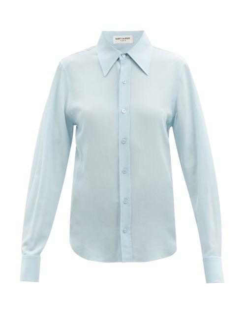 Saint Laurent - Point-collar Crepe De Chine Silk Blouse - Womens - Blue