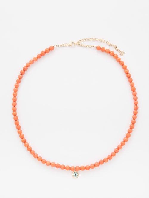 Sydney Evan - Evil Eye, Diamond & 14kt Gold Beaded Necklace - Womens - Red Multi