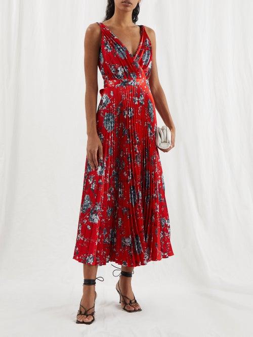 Erdem - Dorinda Penrose Floral-print Pliss Satin Dress - Womens - Red Multi