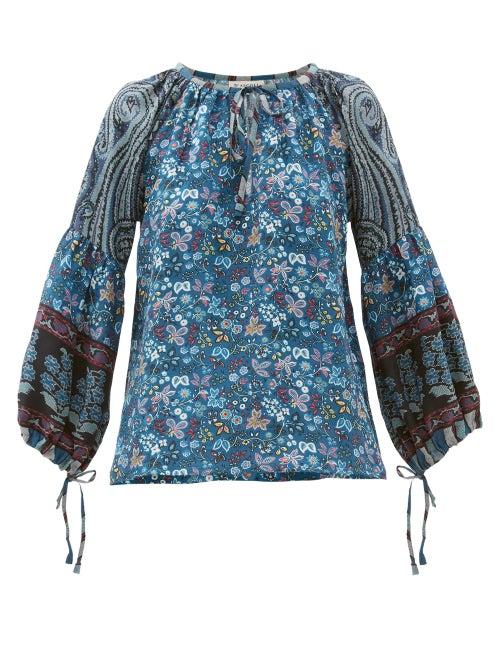Matchesfashion.com D'ascoli - Leela Floral Print Silk Blouse - Womens - Blue Print