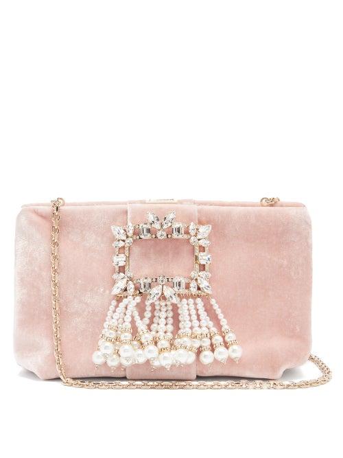 Matchesfashion.com Roger Vivier - Rv Broche Crystal And Pearl-embellished Velvet Bag - Womens - Light Pink