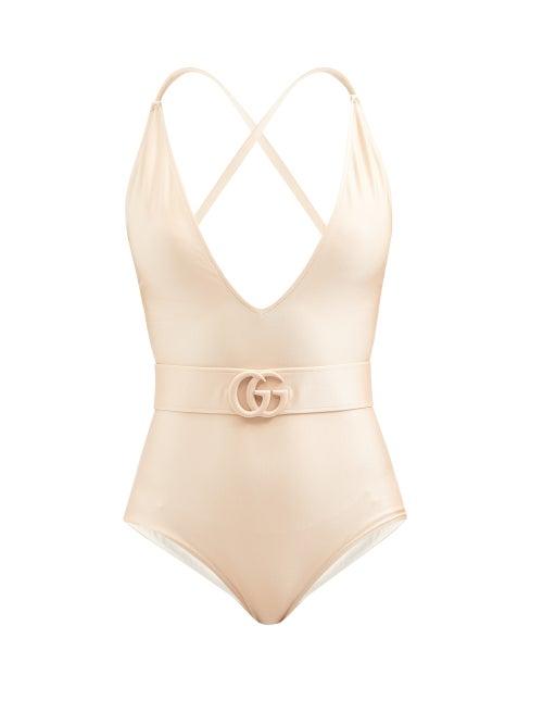 Gucci - Gg-plaque Belted V-neck Jersey Swimsuit - Womens - Nude