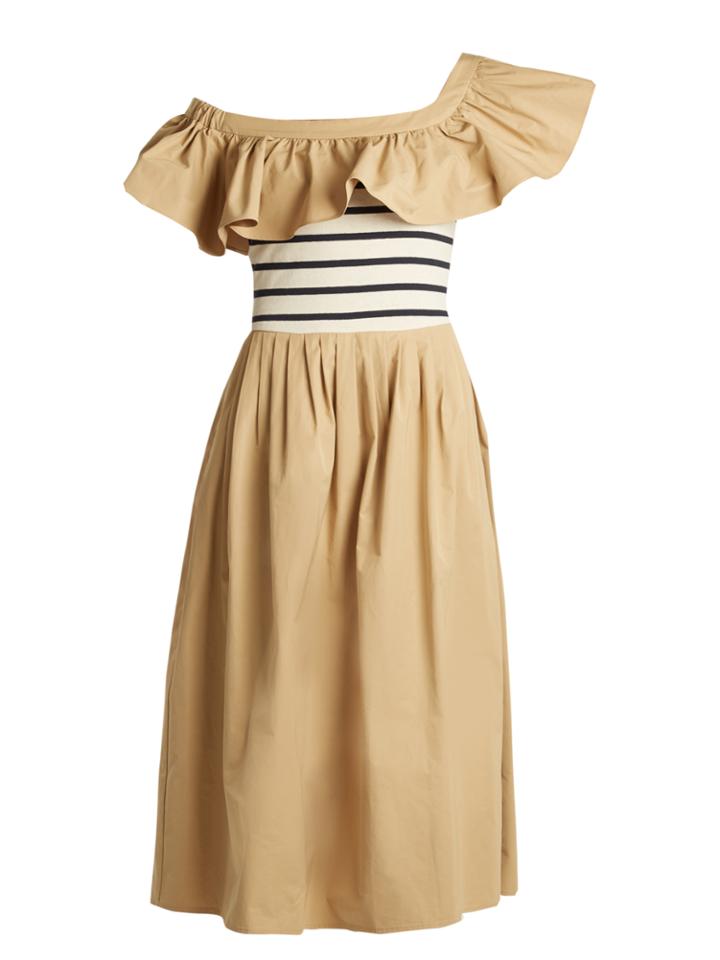 Sea Ruffled One-shoulder Cotton Midi Dress