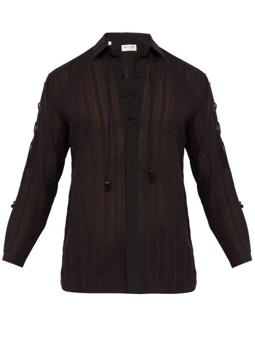 Matchesfashion.com Saint Laurent - Drawstring Collar Striped Cotton Voile Shirt - Mens - Black