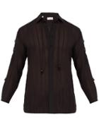 Matchesfashion.com Saint Laurent - Drawstring Collar Striped Cotton Voile Shirt - Mens - Black