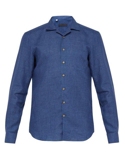 Matchesfashion.com Thom Sweeney - Cuban Collar Linen Shirt - Mens - Blue