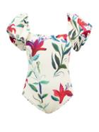 La Doublej - Scarlett Flounced-sleeve Floral-print Swimsuit - Womens - White Print