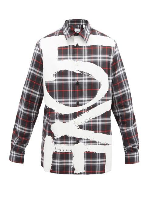 Matchesfashion.com Burberry - Tavington Slogan-print Checked Cotton Shirt - Mens - Black
