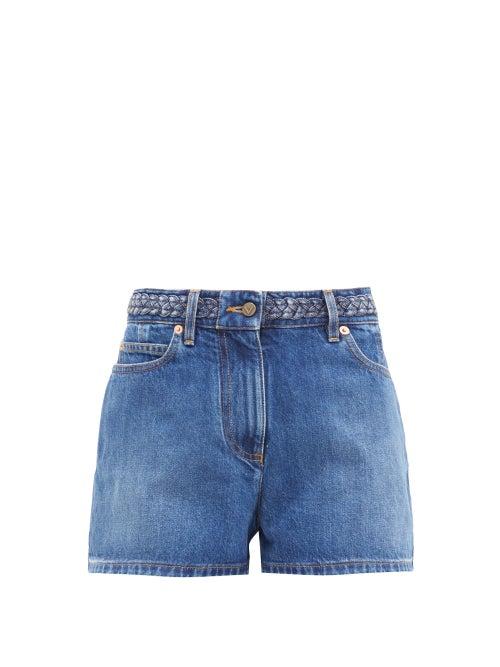 Matchesfashion.com Valentino - Logo-embroidered Braided High-rise Denim Shorts - Womens - Denim