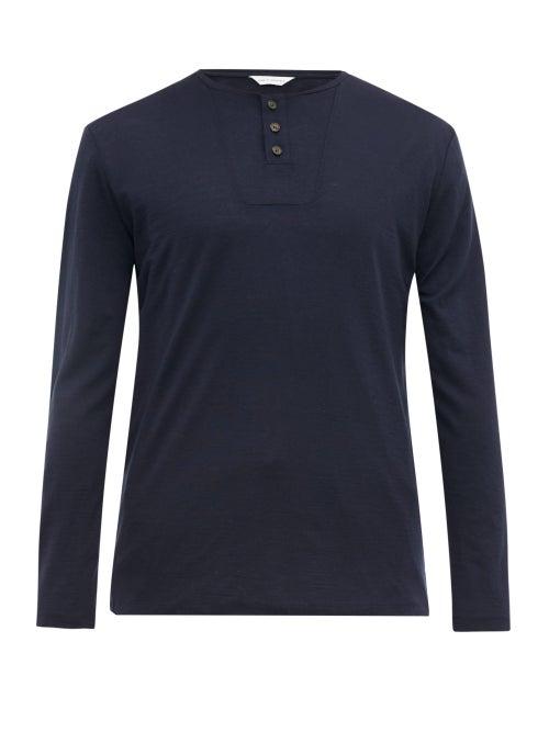 Matchesfashion.com King & Tuckfield - Grandad Long Sleeved Merino Wool Henley T Shirt - Mens - Navy
