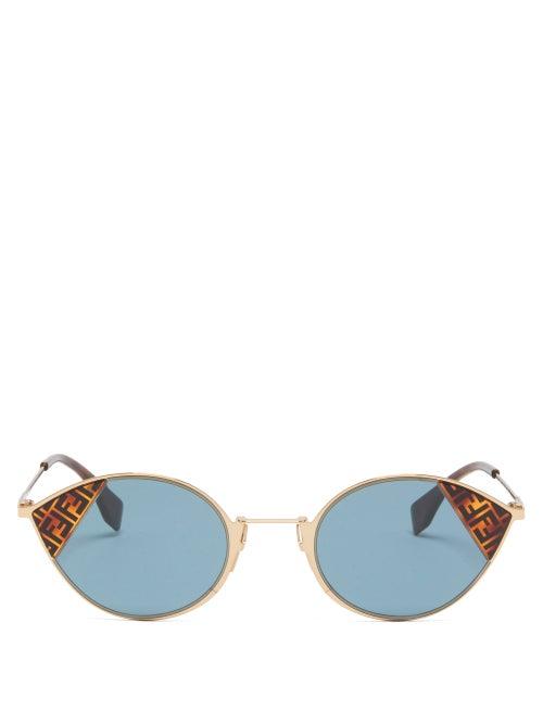 Matchesfashion.com Fendi - Ff Logo Print Cat Eye Metal Sunglasses - Womens - Blue