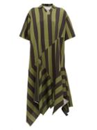 Matchesfashion.com Marques'almeida - Asymmetric Hem Striped Cotton Midi Dress - Womens - Khaki