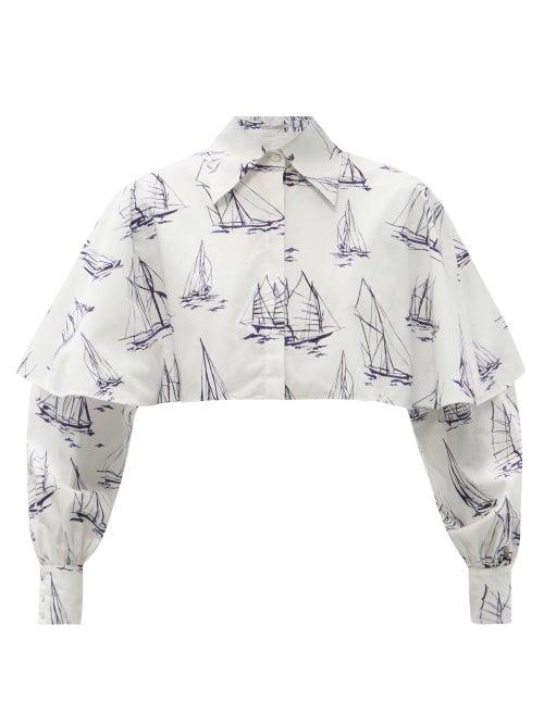 Matchesfashion.com Emilia Wickstead - Brita Boat-print Tiered Cotton-poplin Blouse - Womens - Blue White