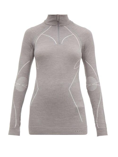 Matchesfashion.com Falke - High Neck Half Zip Wool Blend Top - Womens - Grey
