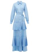 Matchesfashion.com Evi Grintela - Hydrangea Pleated Cotton-poplin Shirt Dress - Womens - Blue
