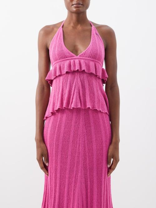 Ganni - Logo-embroidered Knitted Halterneck Top - Womens - Mid Pink