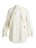 Matchesfashion.com Givenchy - Pleated Ruffle Silk Blend Blouse - Womens - Cream