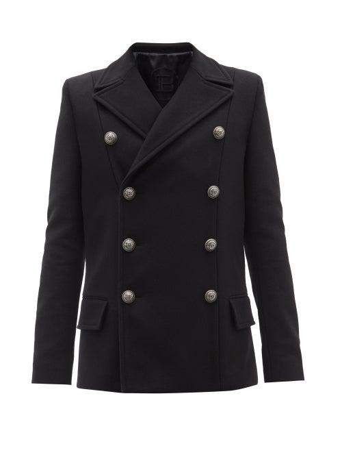 Balmain - Double-breasted Wool-blend Pea Coat - Mens - Black